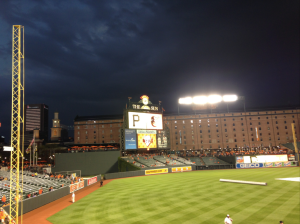 The stormy Baltimore sky during a rain delay in the game. 